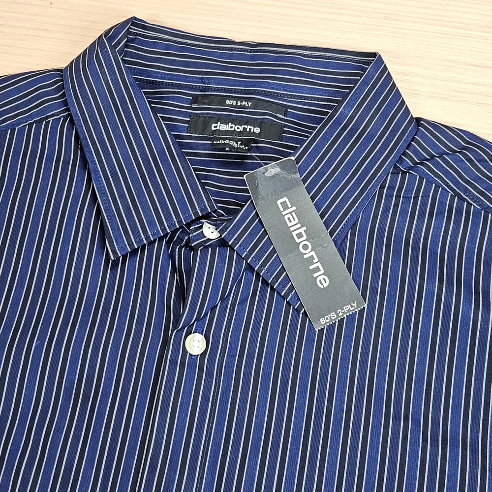 Claiborne 80s 2-Ply Button Down Shirt Men 2XLT Navy Striped‎ Long Sleeve NEW
